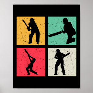 Poster Jogador de Críquete Silhueta Retro de Críquete Crí