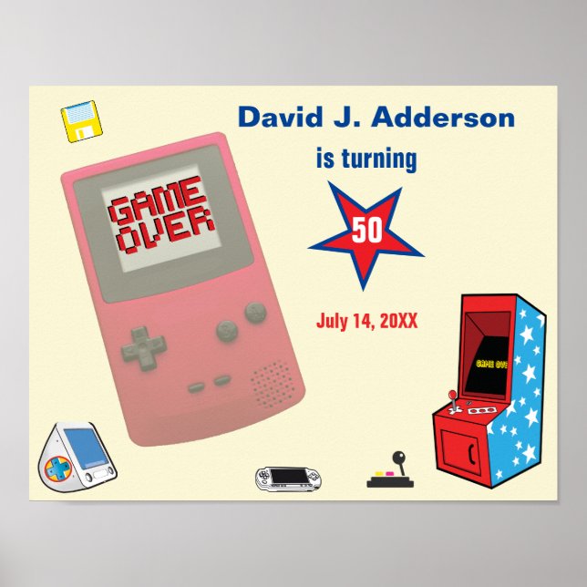 Poster Jogador de Vídeo Retro Divertido 🎮 50º Aniversári (Frente)