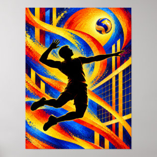 Poster Jogador de Volei Saltando para uma Silhueta de Rem