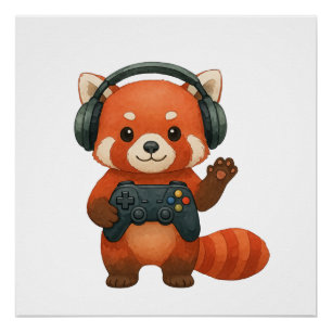 Pôster Jogador Red Panda, Controladora de jogos e Fones d