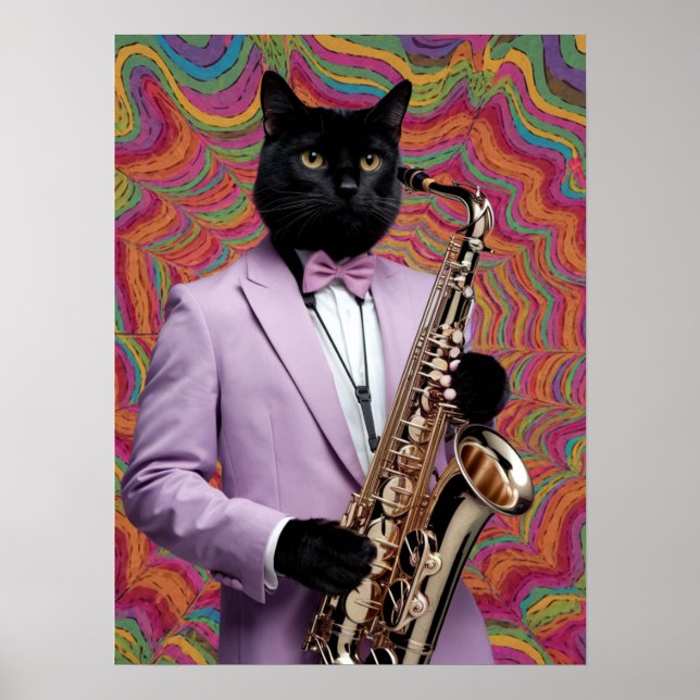 Poster Jogador Saxofone de Gato Negro (Frente)