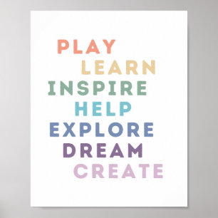 Poster Jogar, Aprender, Inspirar, Ajudar, Explorar, Sonha