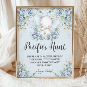 Poster Jogo de Caça ao Chupeta Elefante Floral Azul Bebê