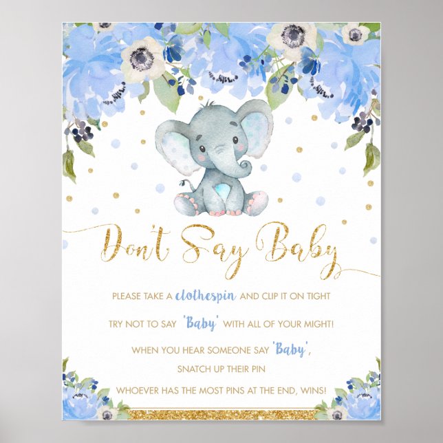 Poster Jogo de Chá de Bebê Elefante Floral Azul Não Diga  (Frente)