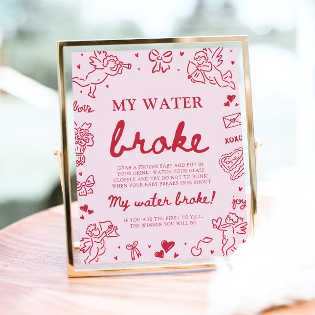 Poster Jogo de Chá de Bebê 'Minha Bolsa Rompeu' Desenhado (Pink Hand Drawn My Water Broke Baby Shower Game)