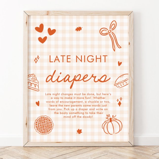 Poster Jogo de Chá de Bebê para Fraldas Noturnas de Outon (Fall Cutie Pie Late Night Diapers Baby Shower Game Sign)