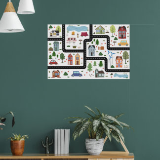 Poster Jogo de mapas infantis com estrada, carros e casas