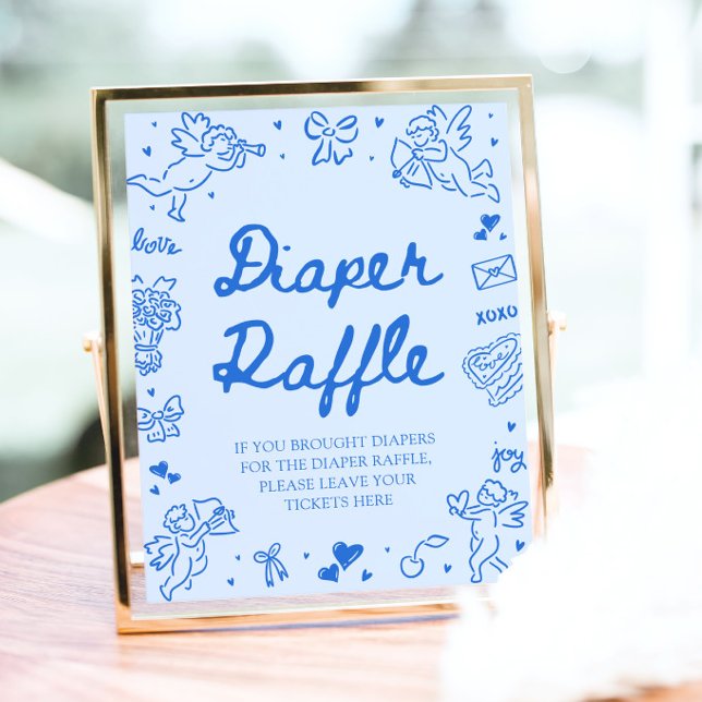 Poster Jogo de rifa de fraldas para chá de bebê Blue Vale (Blue Valentine Baby Shower Diaper Raffle Game Sign)