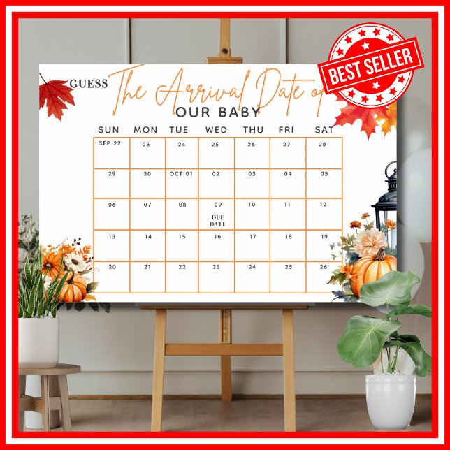 Poster Jogo para Chá de Bebê ADIVINHE A DATA DE NASCIMENT (GUESS THE ARRIVAL DUE DATE Baby Shower Game with Answers A Little Pumpkin is on the Way Theme)