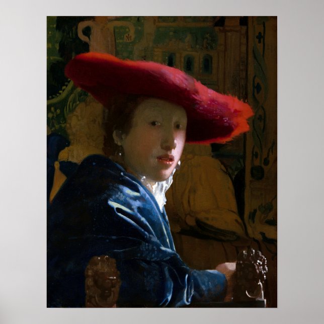 Poster Johannes Vermeer - Rapariga com Chapéu Vermelho (Frente)