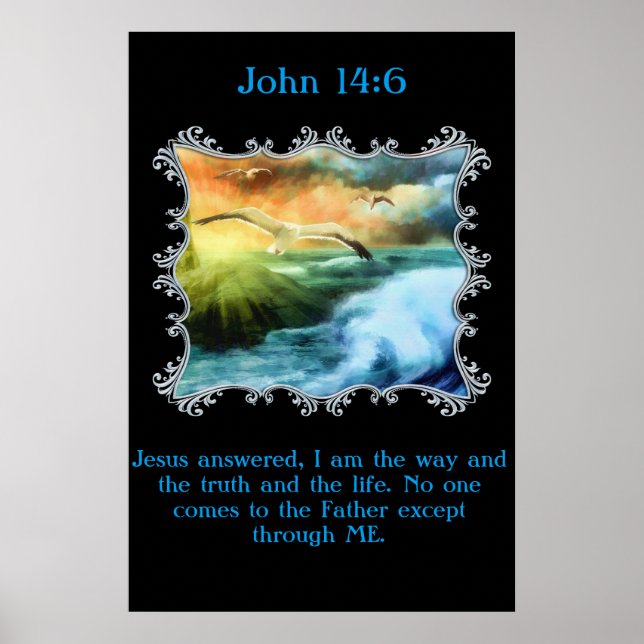 Poster John 14:6 Com gaivotas voando sobre o mar aberto (Frente)