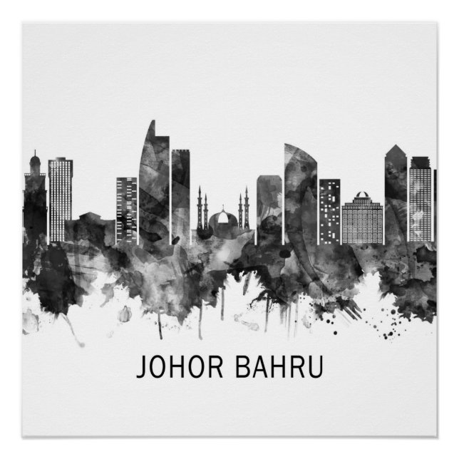 Pôster Johor Bahru Malásia Skyline BW (Frente)