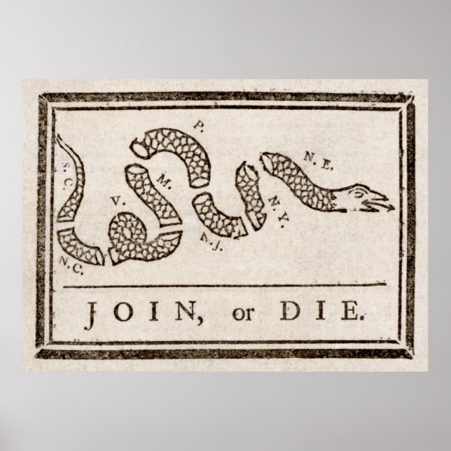 Poster Join ou Die Rattlesnake: Cartoon Benjamin Franklin (Frente)