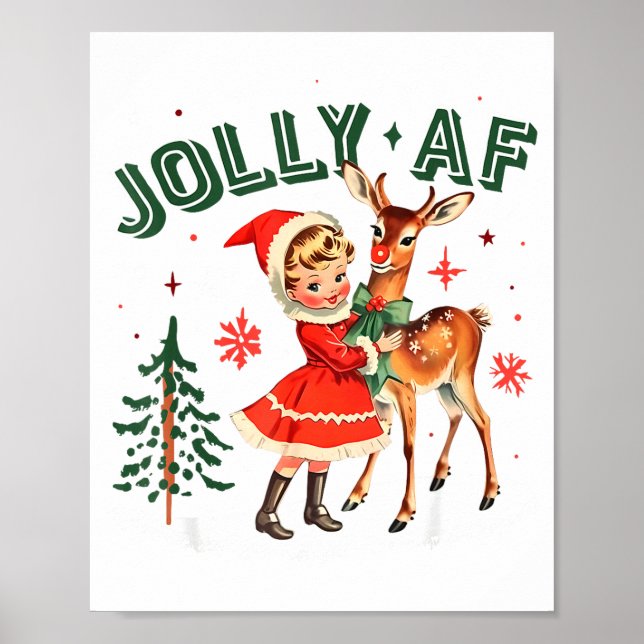 Poster Jolly Af Christmas Retro 50s Cute Girl And Deer Vi (Frente)
