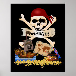 Pôster Jolly Roger, navio pirata e baú pirata