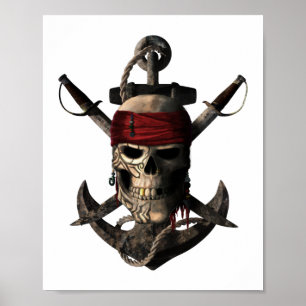 Poster Jolly Roger Pirate Skull e Espadas Navegando em Ân