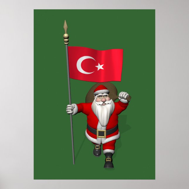 Pôster Jolly Santa Claus Com Bandeira Da Turquia (Frente)