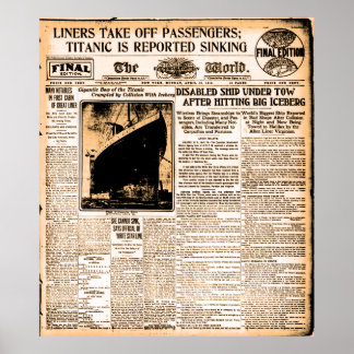 Pôster Jornal 15 de abril de 1912 Titanic Relatado Sinkin