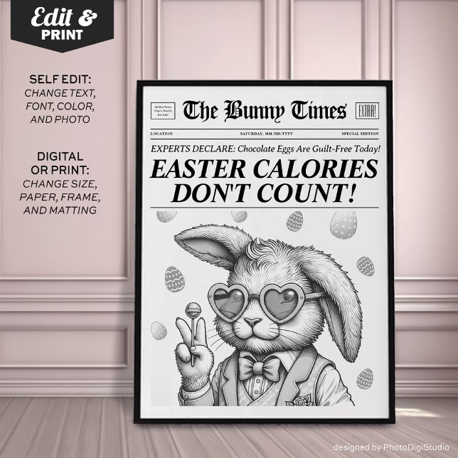 Poster Jornal Coelho da Páscoa, Decoração da Páscoa Branc (Easter Bunny Newspaper, Black White Easter Decor)