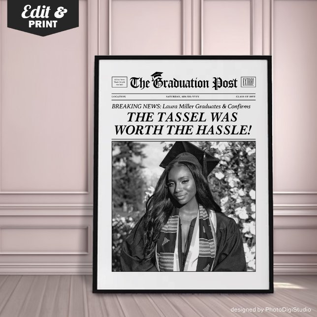 Poster Jornal de Formatura Personalizado, Festa de Format (Custom Graduation Newspaper Print, Personalized Grad Gift, Fun Tassel Quote)