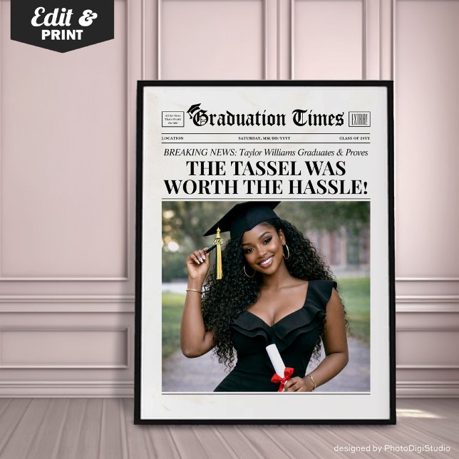 Poster Jornal de Formatura Personalizado, Festa de Format (Custom Graduation Newspaper, Chic Graduation Party Poster)