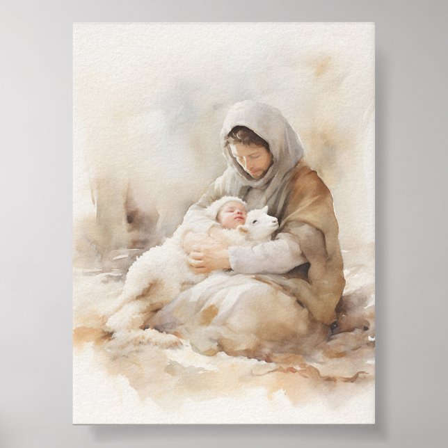 Poster Joseph Holding Lamb e Baby Jesus Watercolor Art (Frente)