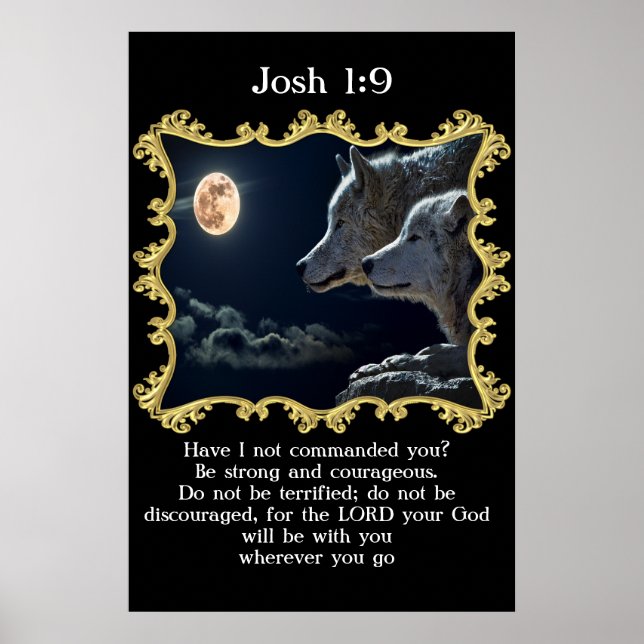 Poster Josh 1:9 Lobos olhando para a lua de cheio. (Frente)