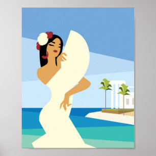 Poster Jovem Espanhola posando com fã na costa oceânica