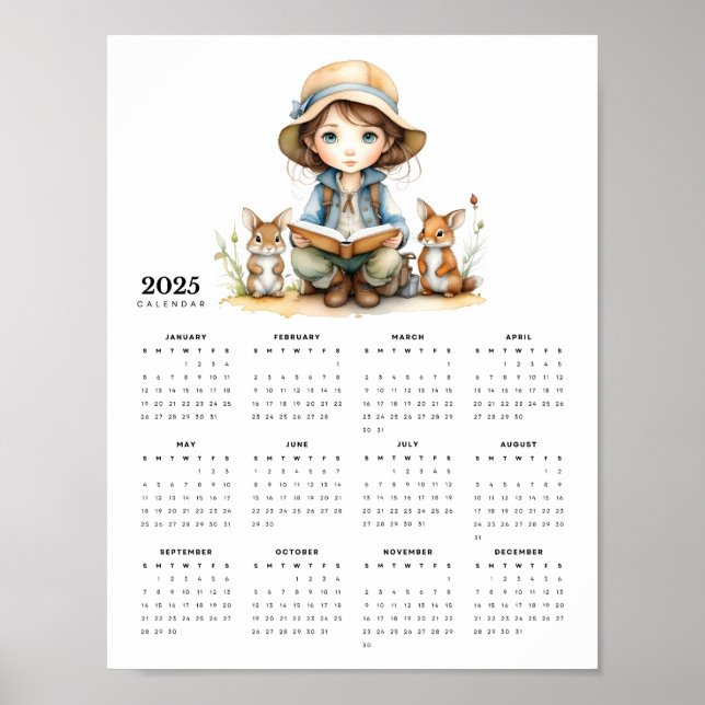 Poster Jovem Garota Lendo aos Coelhos Calendário de 2025 (Frente)