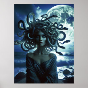 Poster Jovem Medusa Bonita pela Lua e Oceano