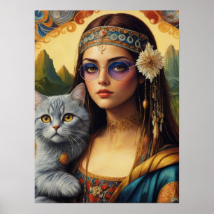 Poster Jovem Mona Lisa Hippie e Seu Gato Cinza