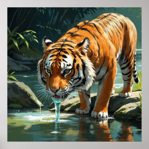 Poster Jovem Tigre desfrutando água na pintura do rio
