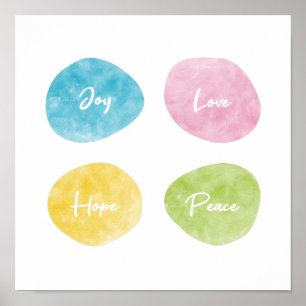 Poster Joy Amor Esperança Paz Pebolhas de Aquarela