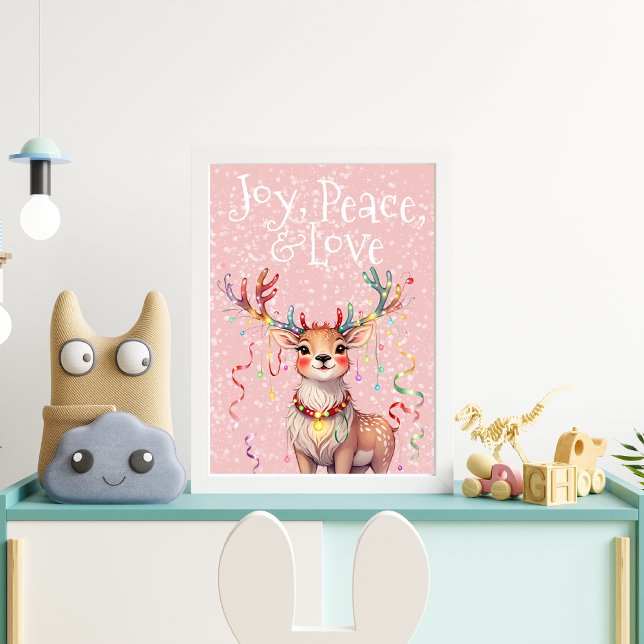 Poster Joy Peace Love Cute Reindeer e Luzes de Natal (Cute Reindeer and Christmas Lights Poster)