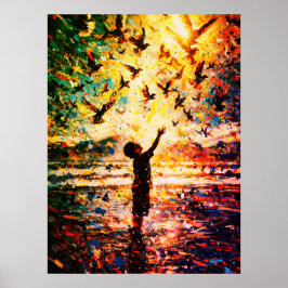 Poster Joyful Child Playing with Birds Sunrise Water