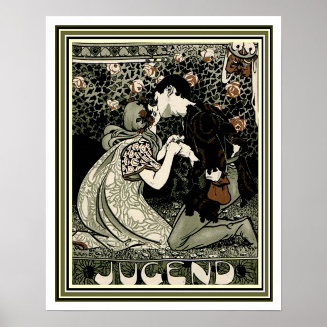 Pôster Jugend Art Nouveau Kissing Casal 16 x 20 (Frente)