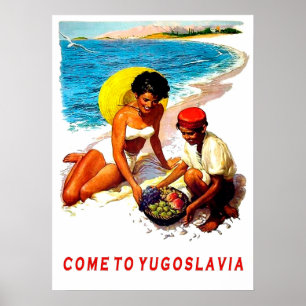 Poster Jugoslávia, mulher na praia com vendedor da fruta