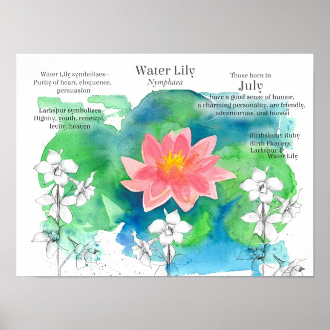 Poster Julho Aniversário Waterlily Larkspur Flores (Frente)