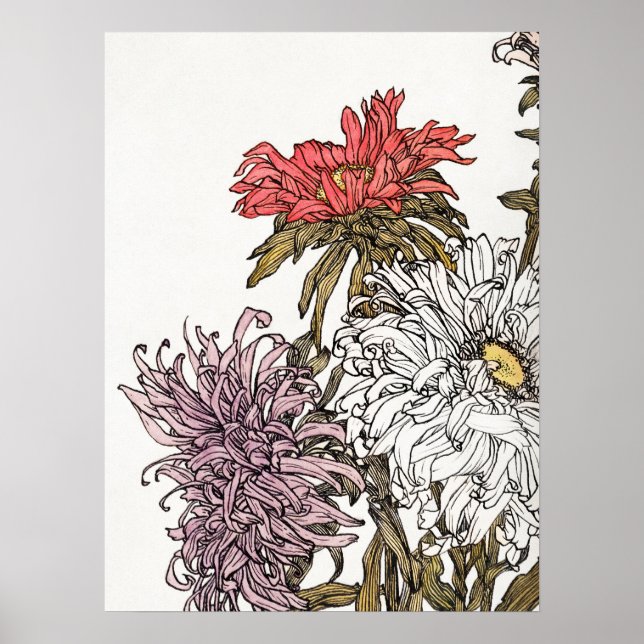 Poster Julie De Graag Chrysanthemums Art Floral Woodcut (Frente)