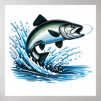 Poster Jumping Salmon Splash Gift for Fisherman Art
