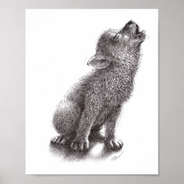 Poster Junger Wolf heult den Mond an.