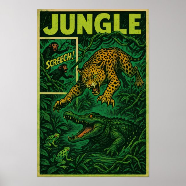 Poster Jungle Ambush - Jaguar vs Alligator Retro Comic (Frente)