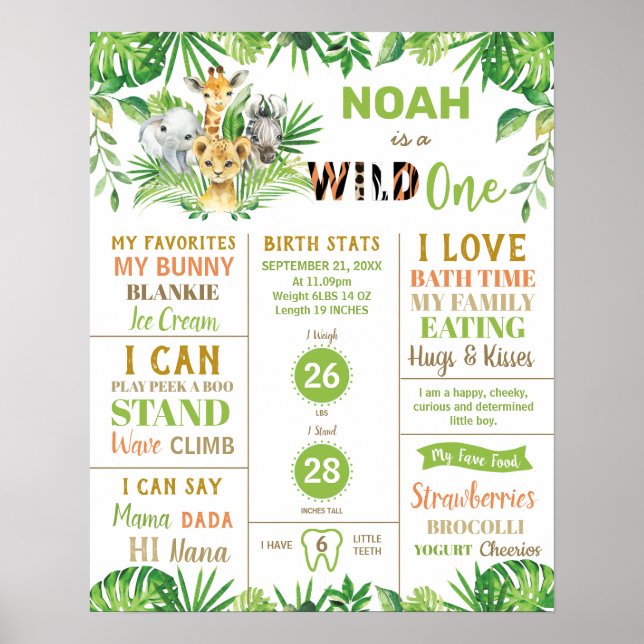 Poster Jungle Animals 1st Birthday Milestone Birth Stats  (Frente)