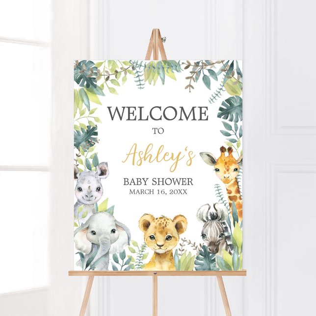 Poster Jungle Safari Wild One Chá de fraldas Bem-vindo (Greenery Safari Animals Baby Shower Welcome Sign)