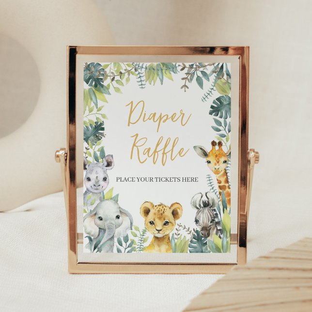 Poster Jungle Safari Wild One Chá de fraldas Fralda Raffl (Greenery Safari Animals Baby Shower Diaper Raffle Sign)