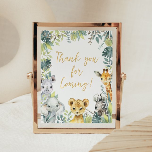 Poster Jungle Safari Wild One Obrigado por vir (Greenery Safari Animals Baby Shower Thank you for Coming Sign)