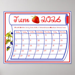 Poster Junho de 2026 Morango Mirtilo Tecido Fonte Parafus