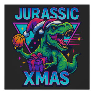 Pôster Jurassic Xmas T-Rex - Retro 80s Dinossauro Neon de