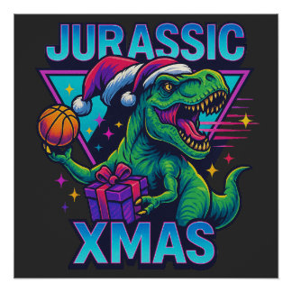 Pôster Jurassic Xmas T-Rex - Retro 80s Neon Dinosaur Xmas