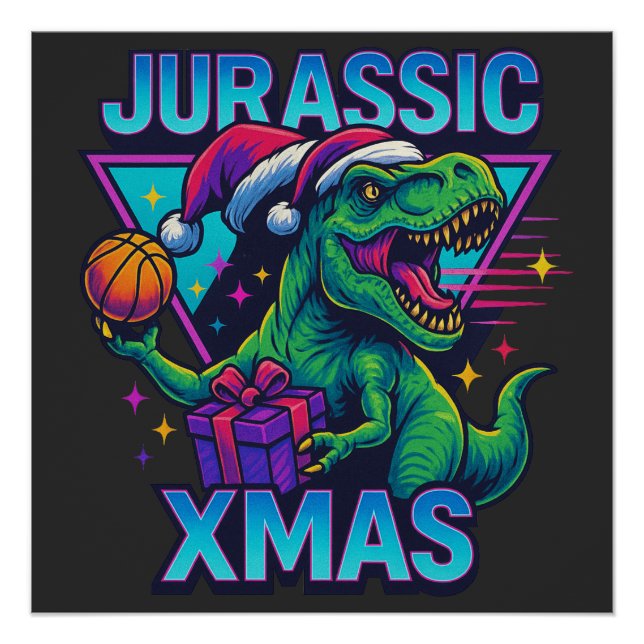 Pôster Jurassic Xmas T-Rex - Retro 80s Neon Dinosaur Xmas (Frente)